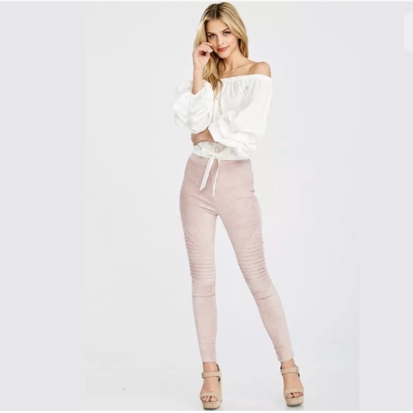 Pink Blush Faux Suede Stretch Moto Leggings - Picture 8 of 8